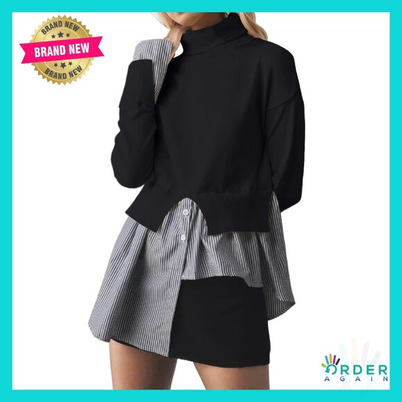 Slit Turtleneck Patchwork Sweater Asymmetrical Hem Pullover Knit Top